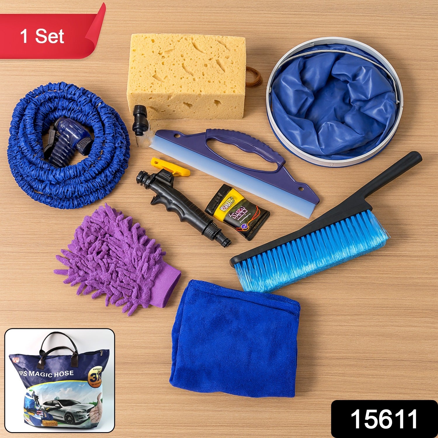 Premium 9 in 1 Car Washing Kit – Auto Cleaning Set with Hose, Brush, Sponge & Bucket
