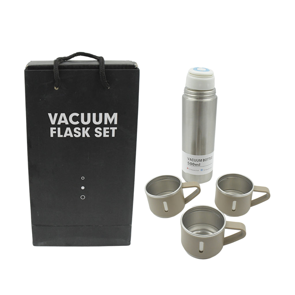 Stainless Steel Vacuum Flask Set With 3 Steel Cups Combo