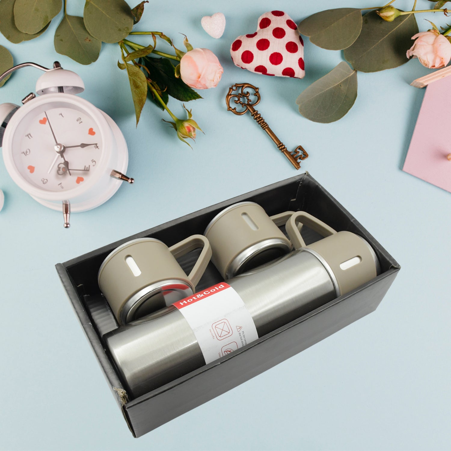 Stainless Steel Vacuum Flask Set With 3 Steel Cups Combo