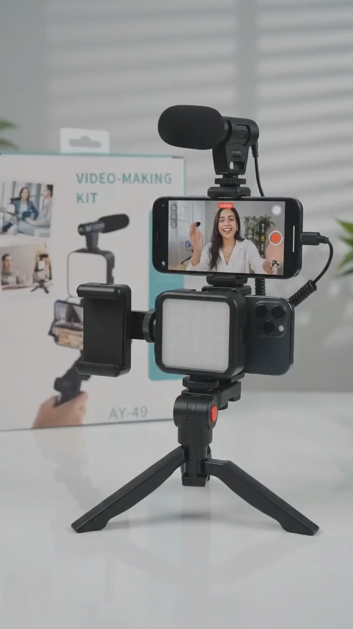 Vlogging Kit For Video Making With Mic Mini Tripod Stand Led Light Phone Holder Clip For Making Videos