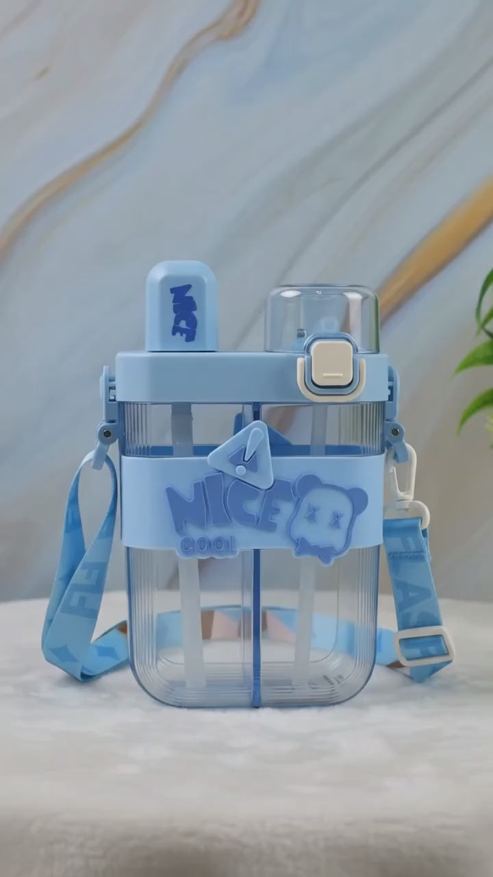 2in1 Dual Compartment Water Bottle With Straw And Adjustable Shoulder Straps (1 Pc Multi Color)